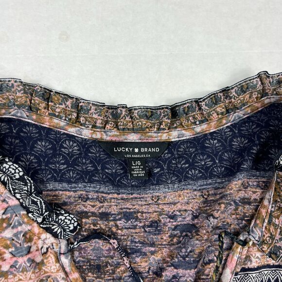 Lucky Brand Boho Patchwork Print Ruffle Trim Blouse Large Festival Soft Flowy - Picture 5 of 11
